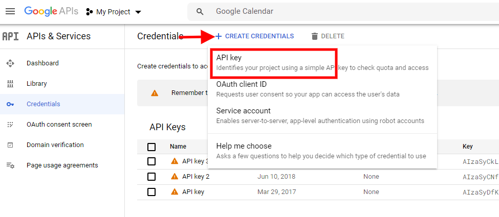Create API key On Google Console