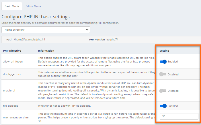 basic setting of PHP ini configuration